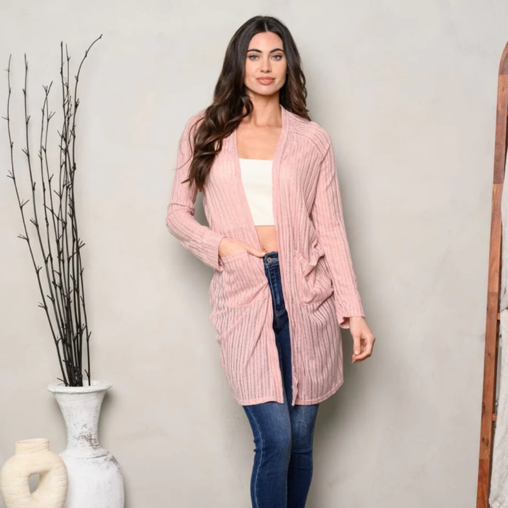 3 Pack Dusty Pink Open Front Lightweight Cardigan Sweater with Pockets